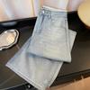 Korean Style Elegant Pearl Waist Rhinestone Light Jeans - Women's High Waist Straight Slimming Wide Leg Pants