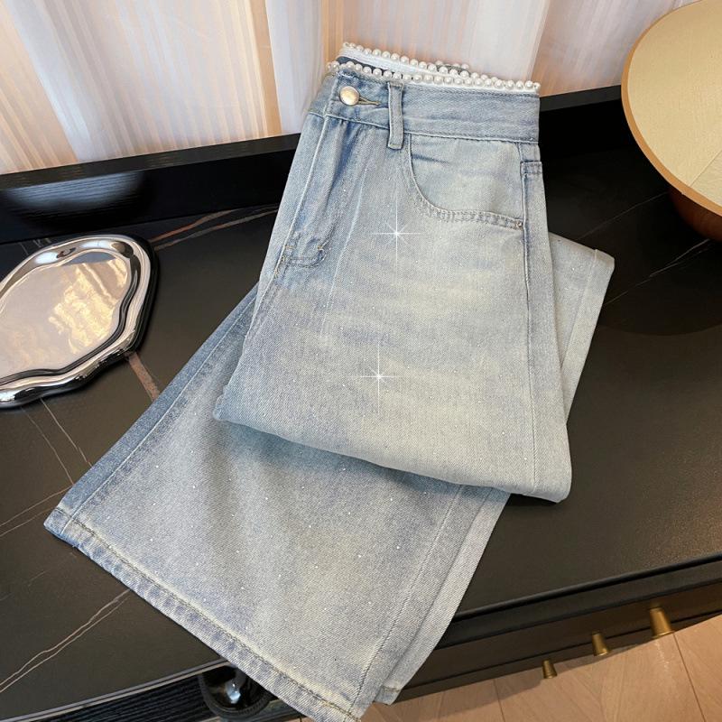 Korean Style Elegant Pearl Waist Rhinestone Light Jeans - Women's High Waist Straight Slimming Wide Leg Pants