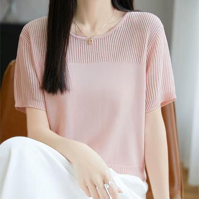 Fashionable and Versatile Baggy Short-sleeved T-shirt for Women's Summer New Round Neck Ice Silk Sweater Informal Top