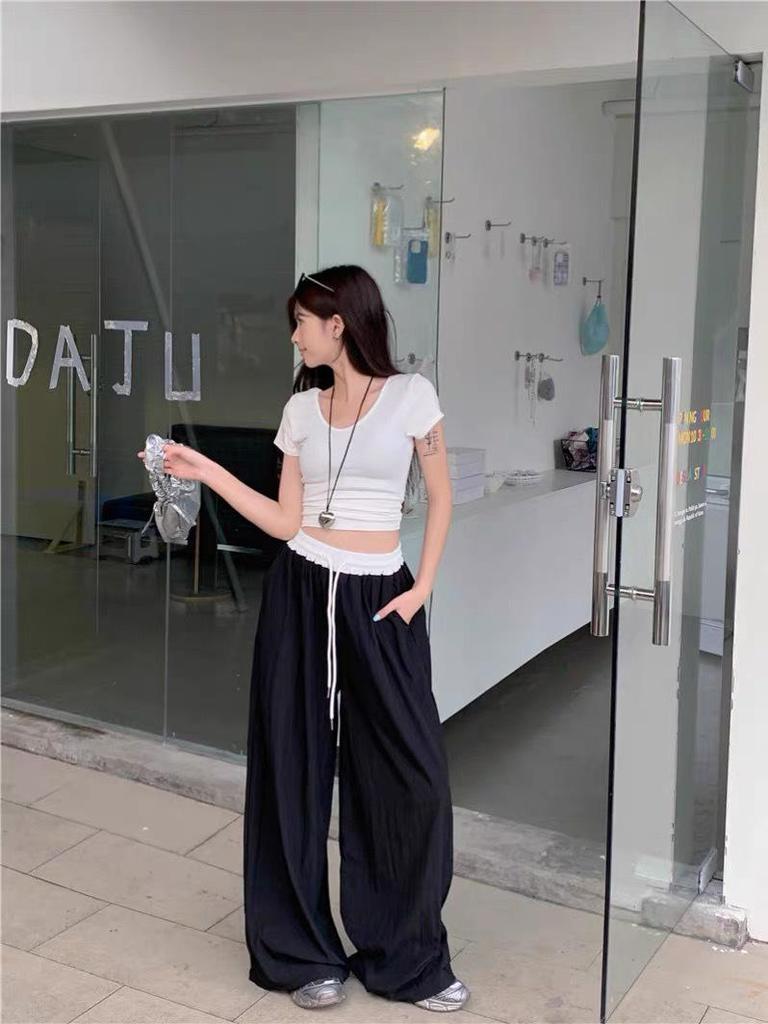 Women's Color Block Wide Leg Elastic Waist Quick-Dry Pants - Spring/Summer 2025, Loose Fit, Yamamoto Style