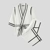 INCERUN 2PCS Men Lapel Neck 3/4 Sleeve Stitching Belt Shirt Long Wide Leg Pants Sets Outfits