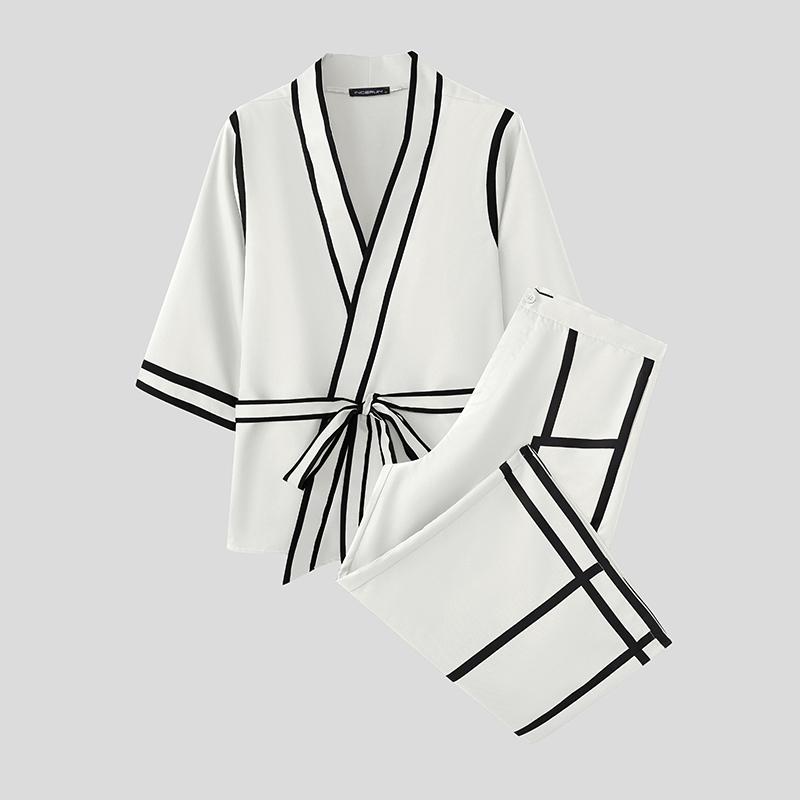 INCERUN 2PCS Men Lapel Neck 3/4 Sleeve Stitching Belt Shirt Long Wide Leg Pants Sets Outfits