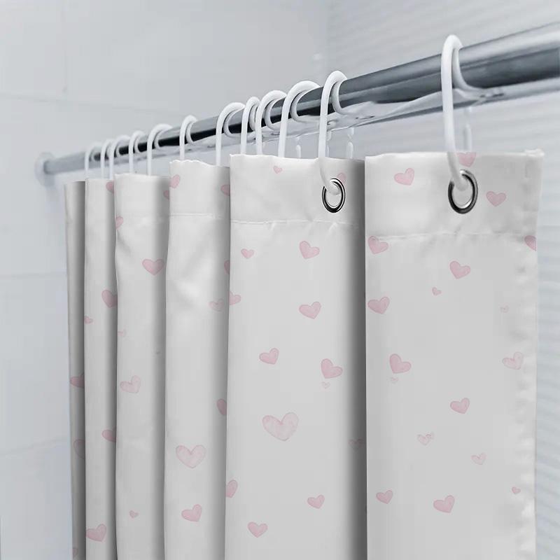 White Heart Shower Curtain Pink Love Print, Bath Decoration, Tub Liner Set For Home Decor (128 Characters)
