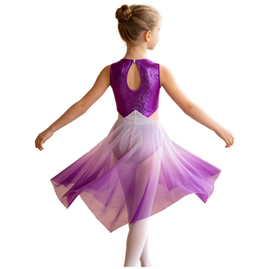 Sleeveless Keyhole Back Dress with Metallic Bodice Cutout Waist Asymmetrical Gradient Mesh for Girls Lyrical Dance Competition