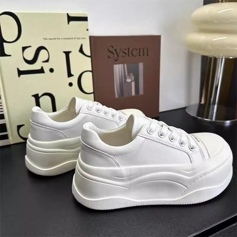 Leather Thick-soled Heightening Little White Shoes Women's Spring 2025 New Big-headed Bread Shoes Versatile Lace-up Casual Board Shoes