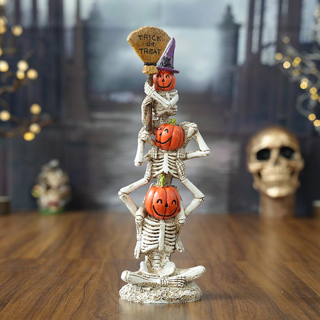 Halloween Trick or Treat Figurine Resin Skeleton Witch Smiley Pumpkin Statue Outdoor Halloween Decoration Home Desktop Ornaments