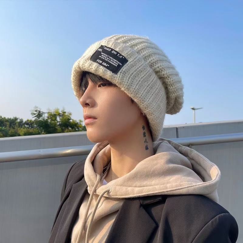 Autumn and Winter New Letters Versatile Big Head Circumference Warm Stack Hat Knitted Wool Hat Women's Thickened Hat