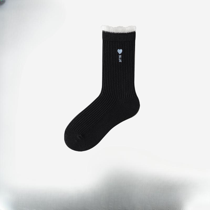 Spring and Autumn Thin Socks for Women, Sweet Lace Lace Cotton Mid-calf Socks, Embroidered Heart Letters, Pile Socks for Women