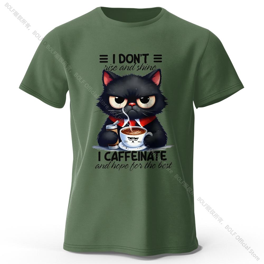 Coffee Loving Cat Print 100% Cotton T-Shirt, Soft & Breathable Round Neck Short Sleeve Tee, Unisex Fun & Quirky Style