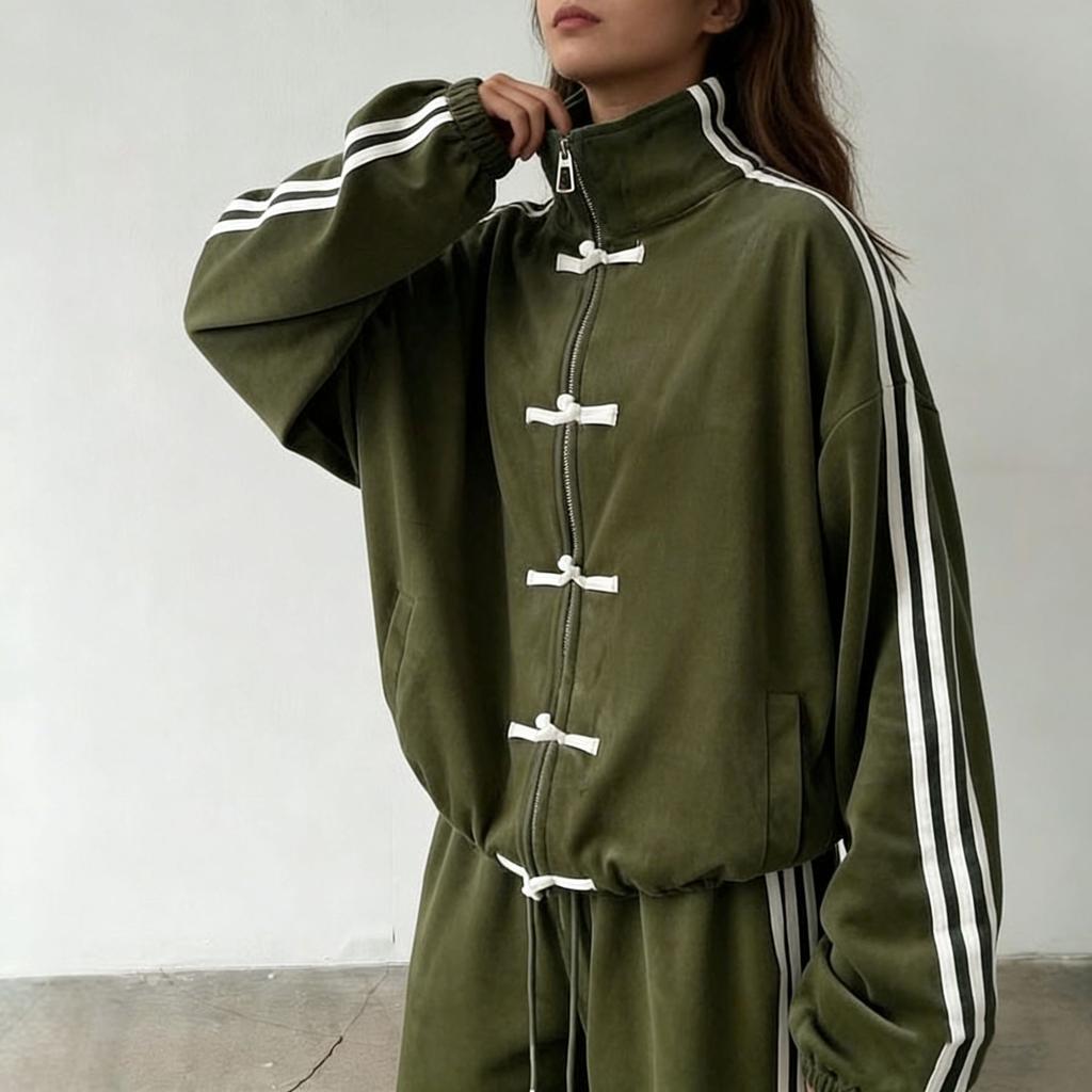 Boucle de mode 2026 trois barres costume décontracté veste à col montant rétro pantalon de survêtement large ensemble deux pièces