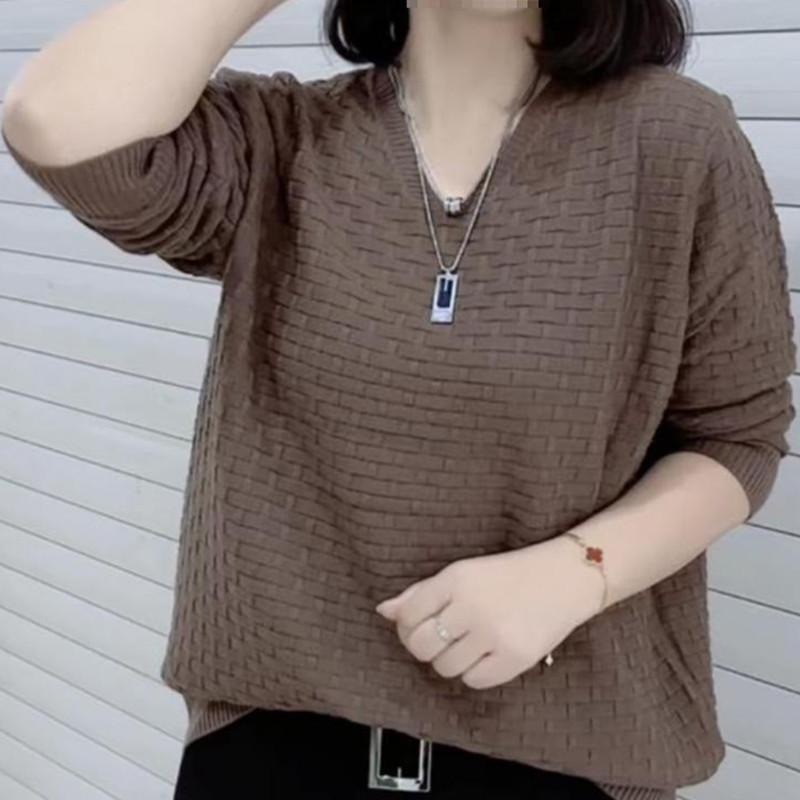 Herbst/Winter Damen Langarm V-Ausschnitt Pullover Einfarbig Locker Gestrickter Basic-Pullover