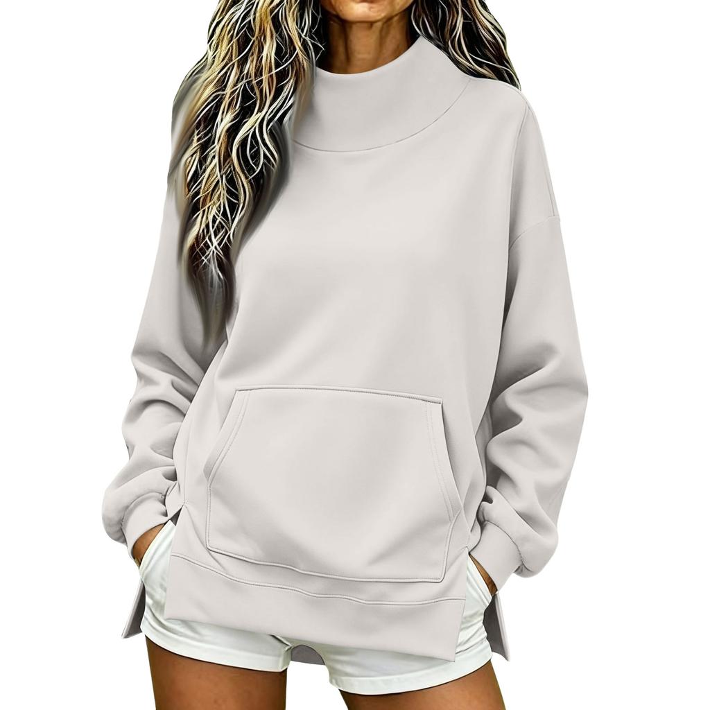 Women's High Neck Side Slit Sweatshirt Lightweight Loose Fit Long Sleeve Pullover for Fall