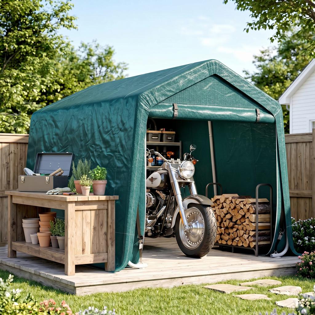 8 x 6.5 ft Outdoor Garden Storage Shed, Waterproof Bike Tent with Double Roll-up Zipper Door for Garden Tools, Green