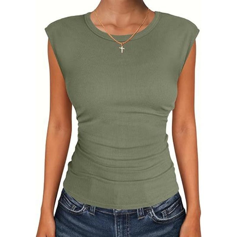 

Women s Ribbed Knit Cap Sleeve Crew Neck Form-Fitting T-Shirt S зелёный