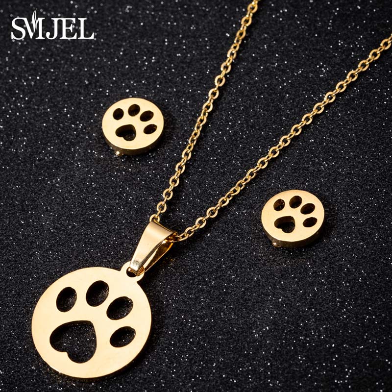 Lovely Gold Color Kitten Cat Stainless Steel Zircon Set Necklaces Men Collares Fashion Hollow Cat Earring Necklace Paw Zircon