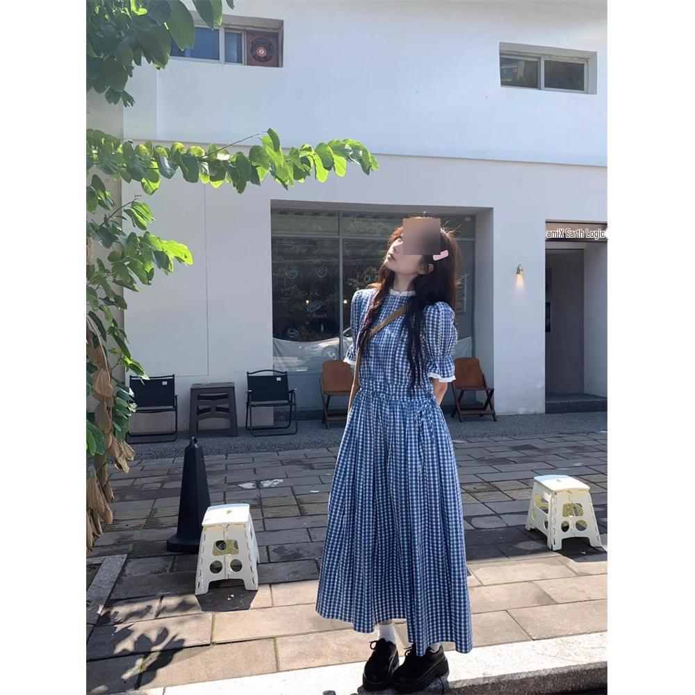 

Korean Retro Plaid Short-Sleeve Dress: Women s Summer Swing Skirt with Slimming Waist. S (for under 45kg)