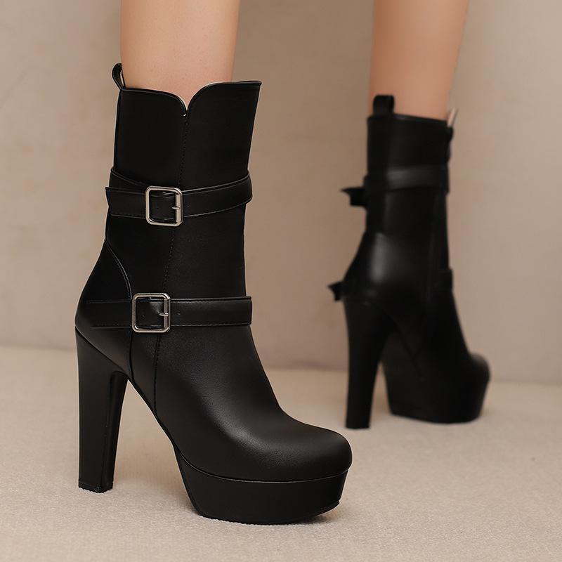 Side Zipper Belt Buckle Medium Boots Water Platform Thick Bottom High Heel Boots Knight Boots 40-50 Large Size Boots