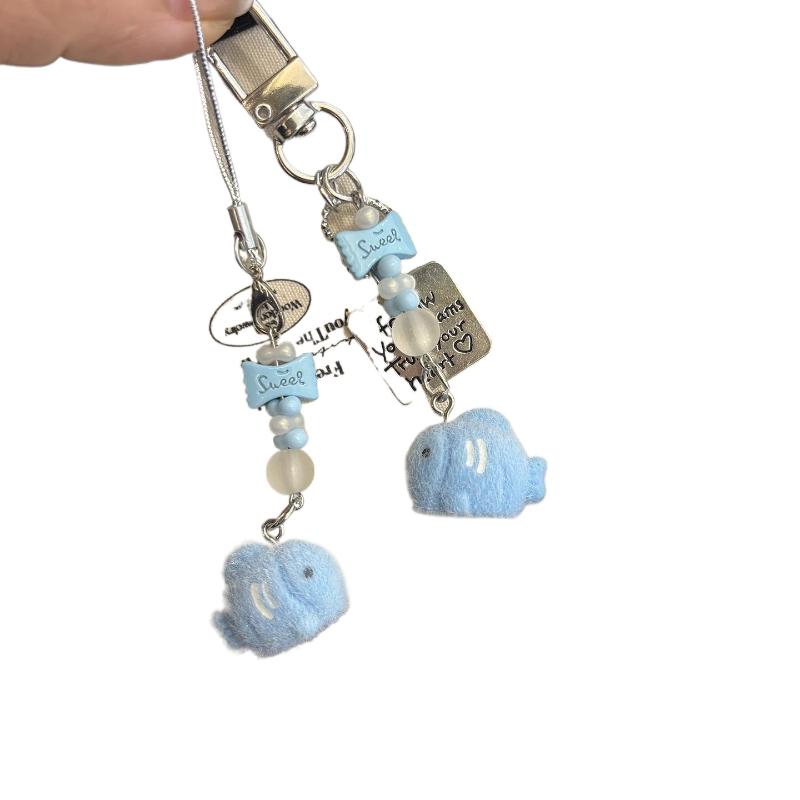 Cute Cartoon Flocking Small Fish Bead Pendant Keychain Beaded Mobile Phone Chain Ornament Decoration Accessories Gifts