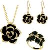 Rhinestone Gold-Plated Black Rose Camellia Jewelry Set: Earrings, Necklace, Ring