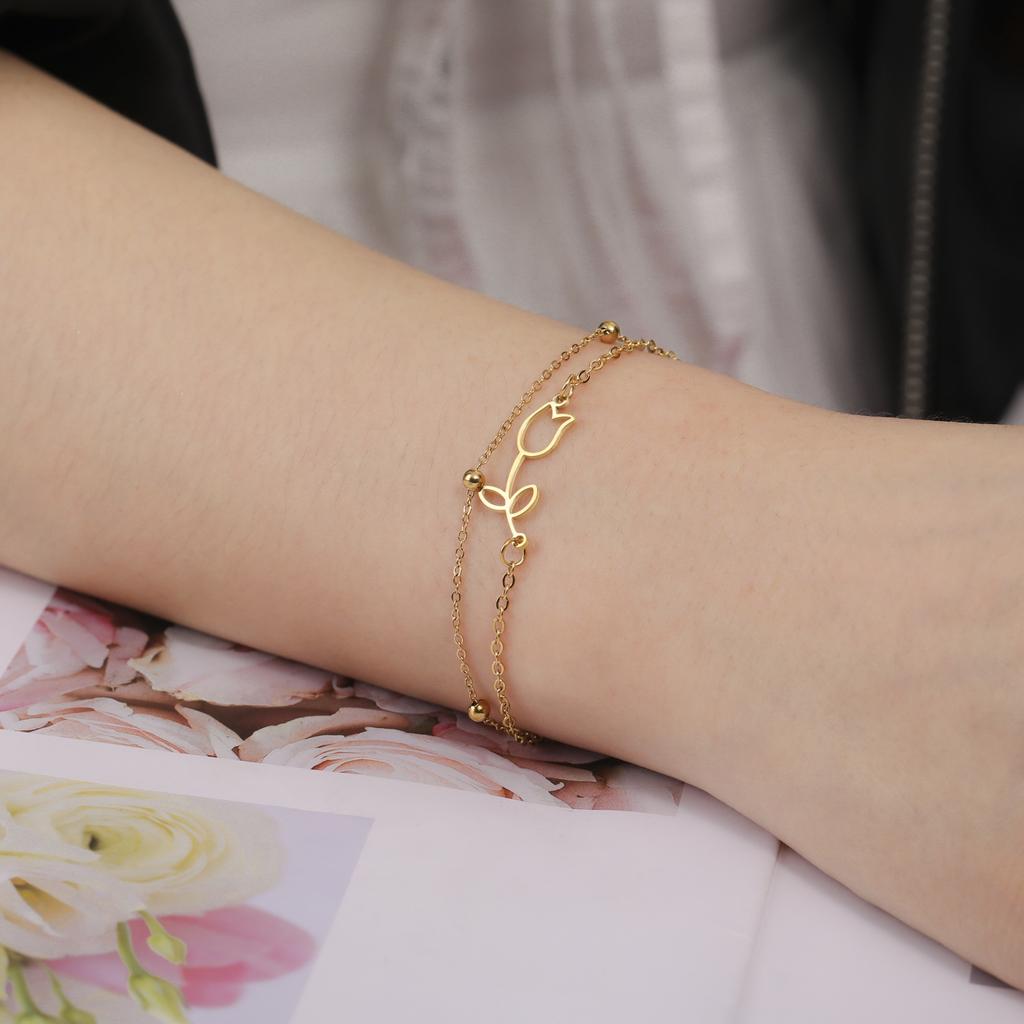 Cazador Tulip Flower Bracelet for Women Kpop Stainless Steel Double Layers Beads Chain Bracelets Jewelry Birthday Gift New