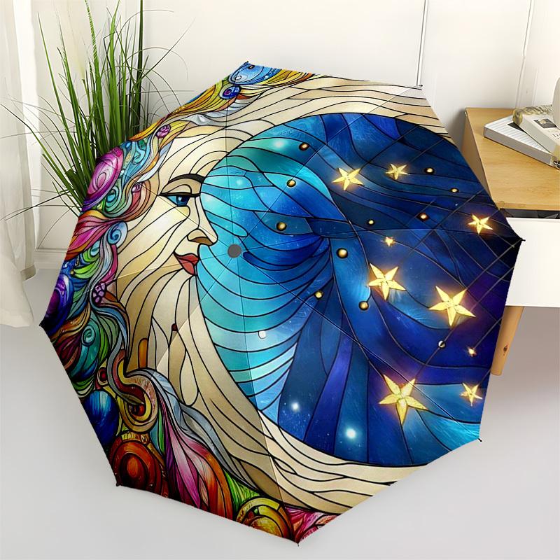 1pc Stained Glass Moon Starry Sky Auto Open Close Umbrella, Portable Tri-Fold Design with 8-Bone Iron Frame, Outdoor, Gift for Fans, Travelers, Daily