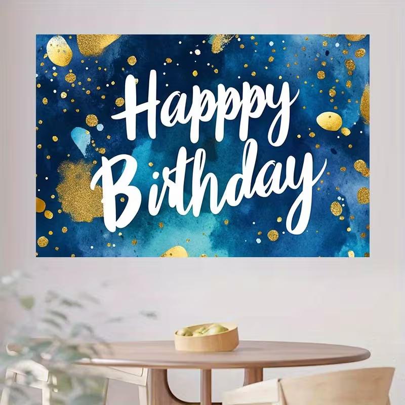 2D Blue Watercolor Happy Birthday Backdrop with Gold Dots Photo Booth Background