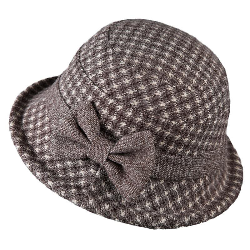 Middle-Aged And Elderly Woolen Basin Hat Grandma Thickened Warm Curling Bucket Hat Bow Mother Hat Plaid Retro