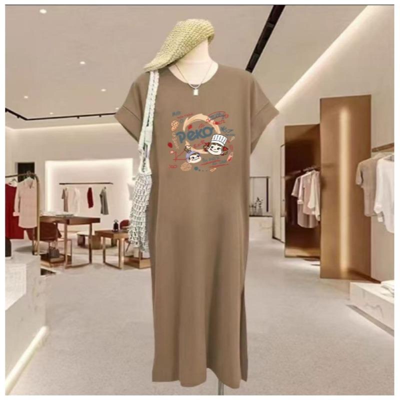 Women s Short-sleeved T-shirt Printed Dress with Short Sleeves and Knee-length Skirt M хаки