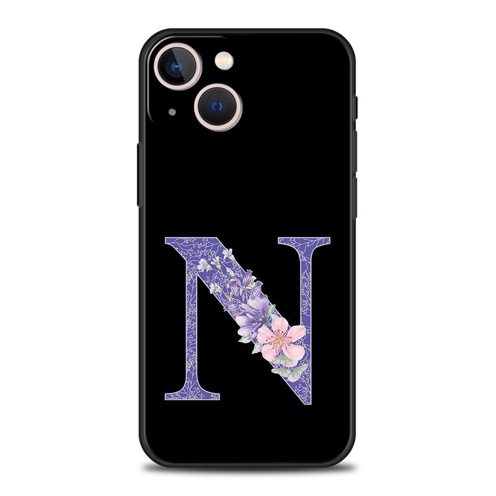 Letters Purple Flower Phone Case For iPhone 17 16 15 Pro Max 11 12 13 14 7 8 Plus SE 2020 X XR XS Cover Soft Black