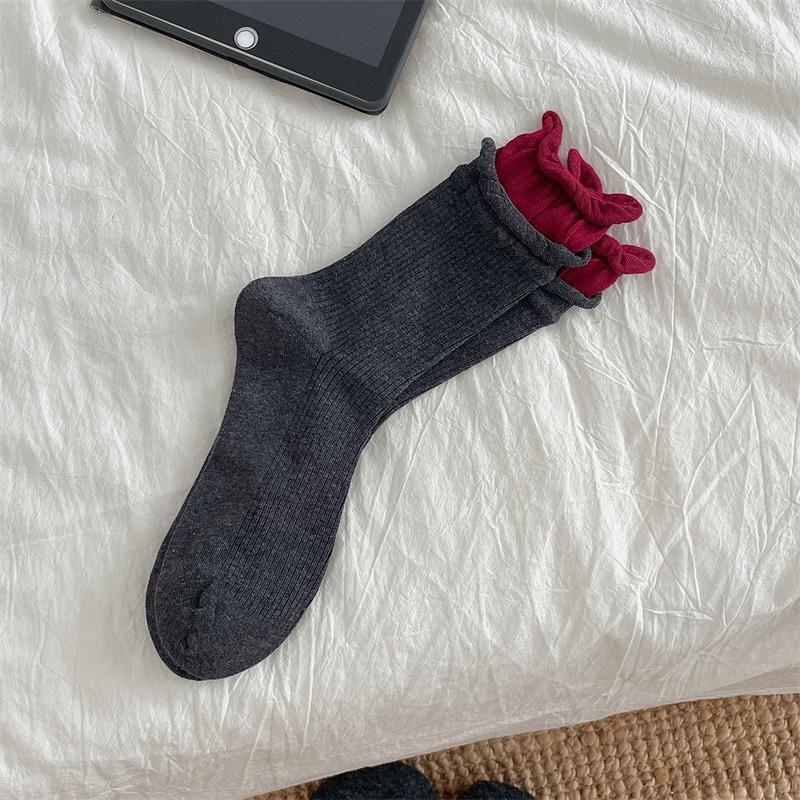 Women's Spring and Autumn Color Matching Double Collar Color Pure Cotton Boneless Tube Pile Socks