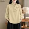 ZANZEA Women Casual Round Neck Solid Color Elegant 3/4 Sleeve Blouse