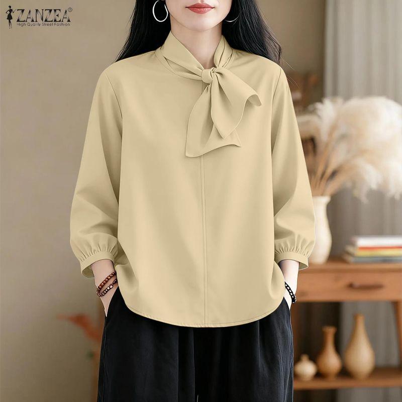 ZANZEA Women Casual Round Neck Solid Color Elegant 3/4 Sleeve Blouse