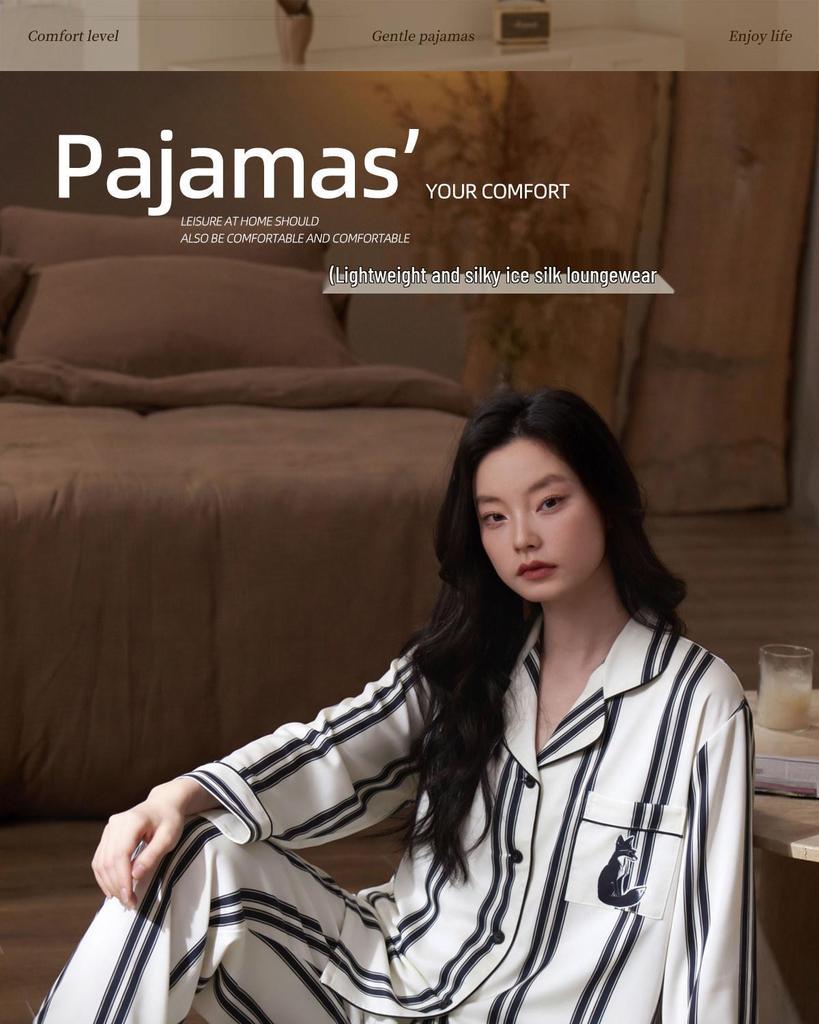 Women's Striped Thin Ice Silk Pajama Set, Long Sleeve, Spring/Autumn Style, High-End Feel for Indoors or Outdoors