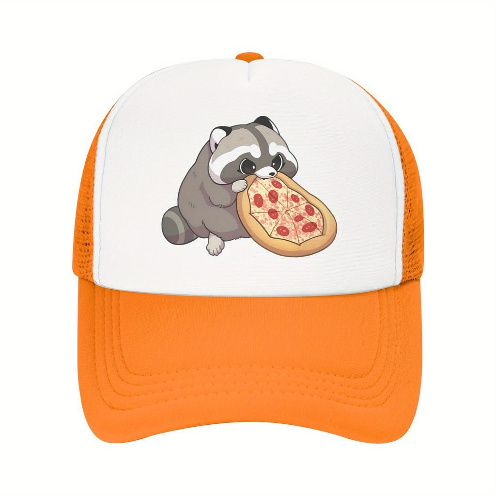 Cute Raccoon Eating Pizza Trucker Hat Breathable Mesh Adjustable Baseball Cap Casual Summer Travel