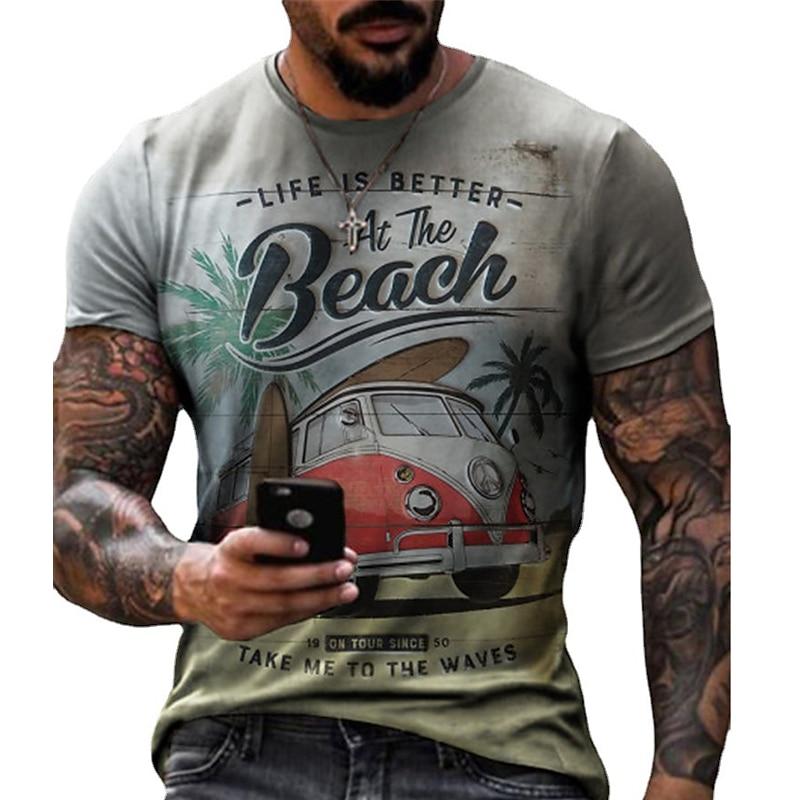 

Fashion Retro Car Pattern Letter Print Men s T-shirt Summer Men s Breathable Outdoor Sports Round Neck Short Sleeve T-shirt Tops 5XL