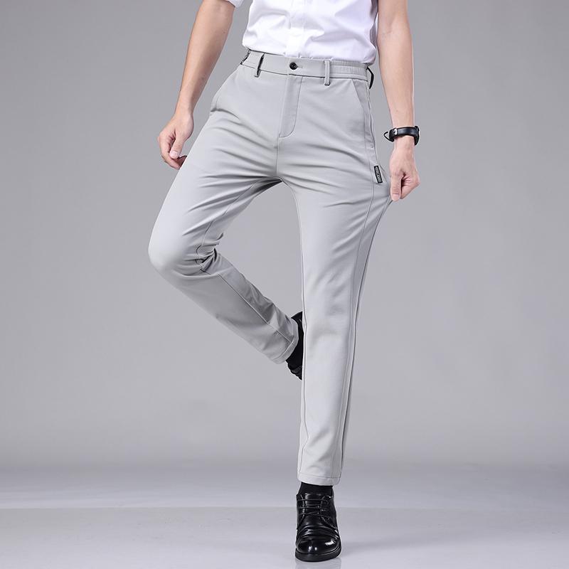 Ultra-thin Elastic Men's Casual Trousers Summer Quick-drying Ice Silk Slim Straight Business Solid Color Trousers Black Gray