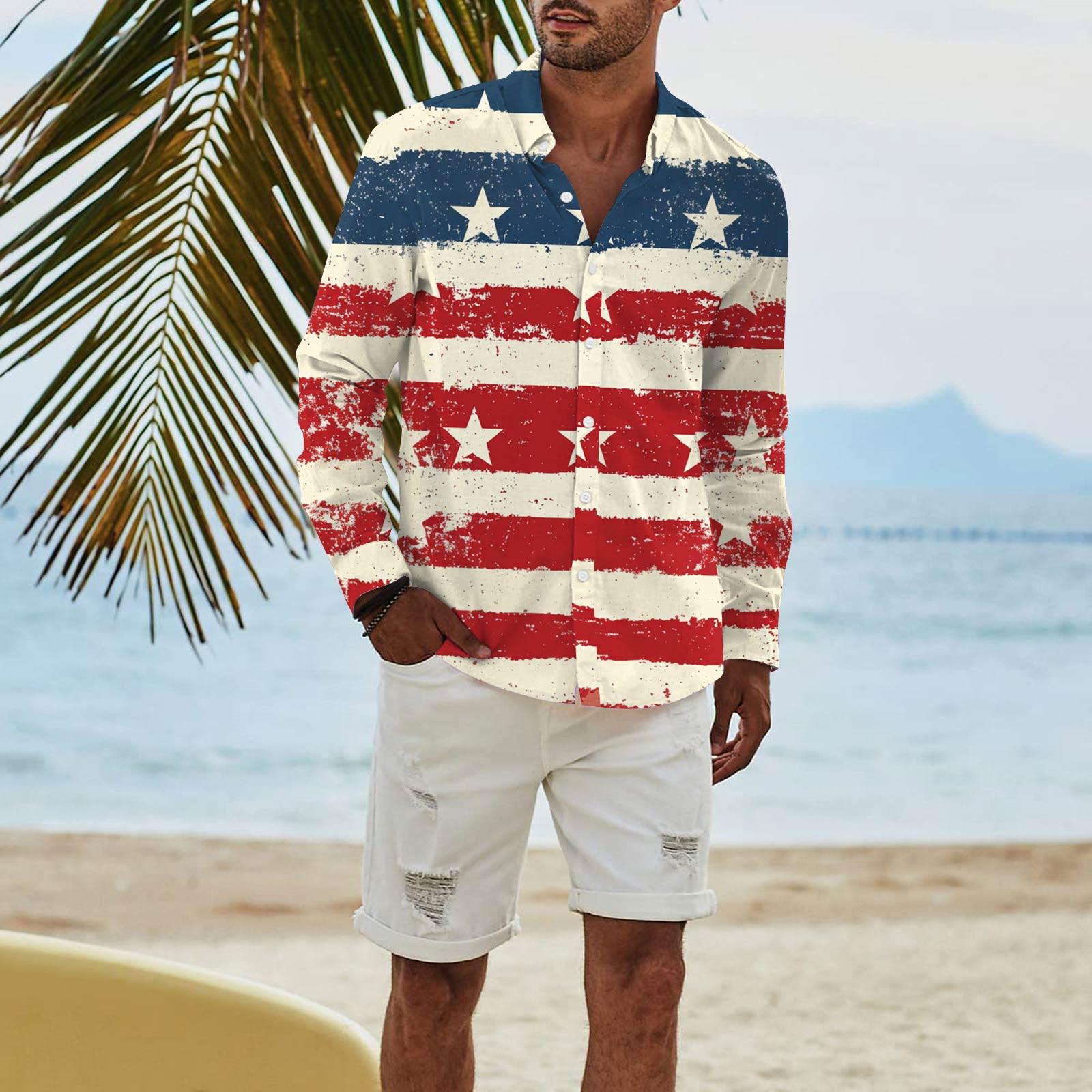 

Чоловіча мода з довгим рукавом День незалежності друковані повсякденні футболки з кнопок регулярного крою сорочки Топ XXXL бежевий