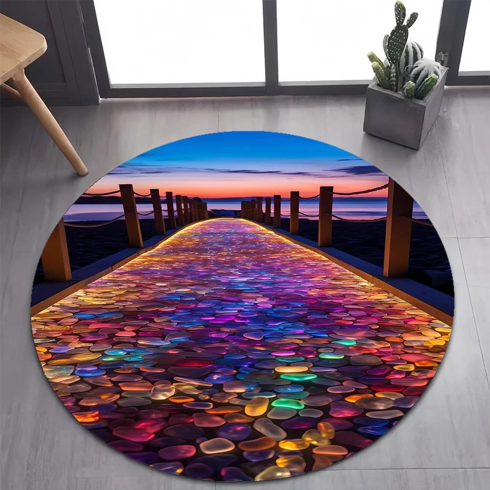 2025 New Style Colorful Pebble Rainbow Road Beach Stone Round Carpet Rug for Bedroom Living Room Decoration,pet Decor Floor Mat