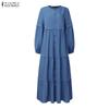 ZANZEA Muslimisches Tägliches Lässiges Rundhals Langarm Lockeres Damenkleid