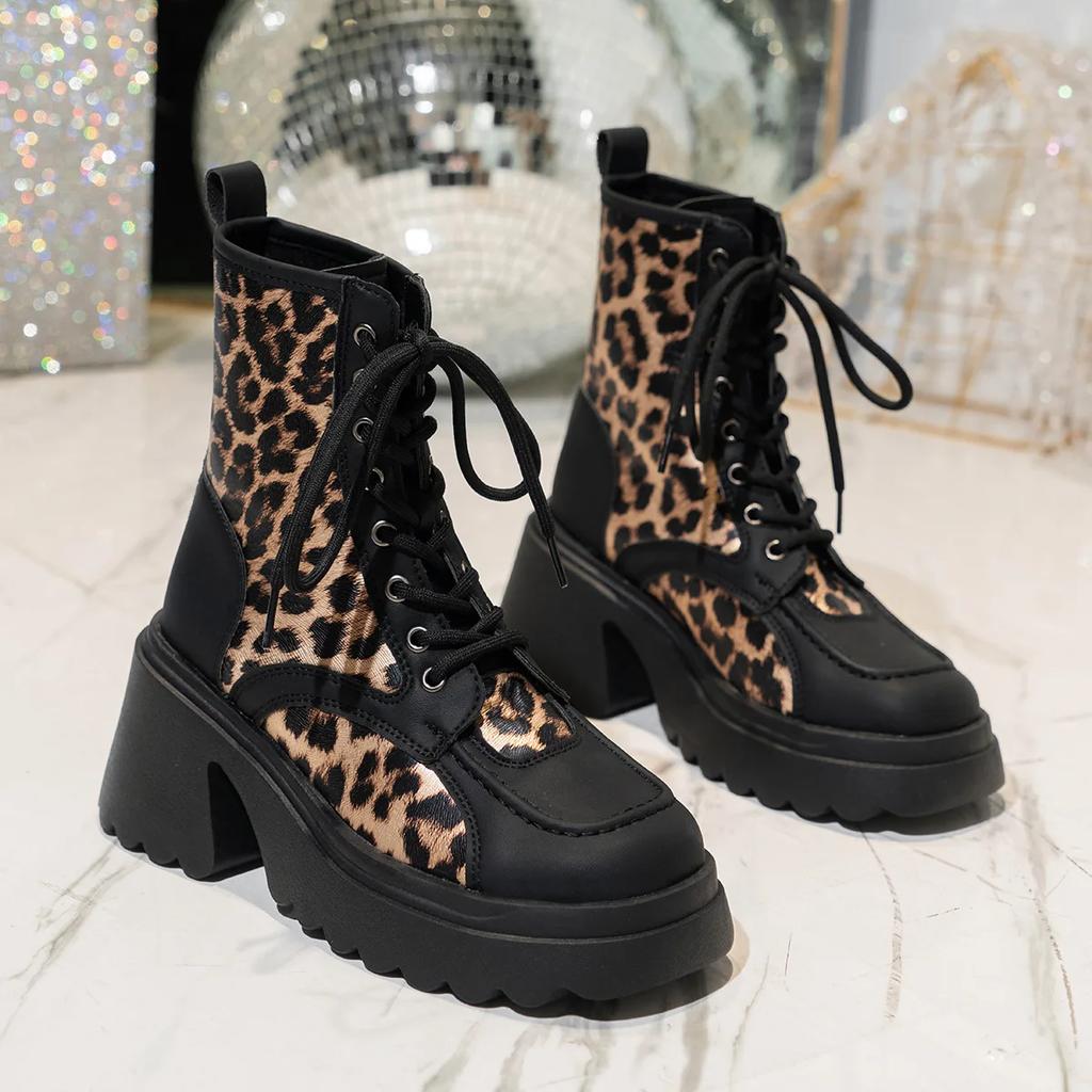 Fashion Women Fashion Leopard Print Ankle Boots Autumn Winter Thick Sole Lace Up Shoes Woman Non Slip Platform Combat Boots Plus Size 42