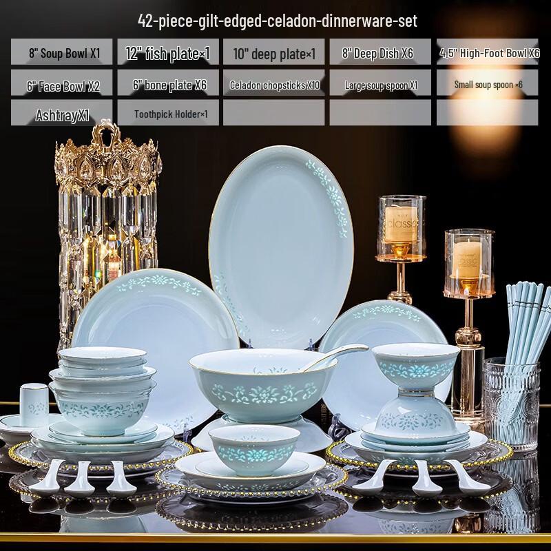 

ZISIZ Gold-Rimmed Celadon Dinnerware Set