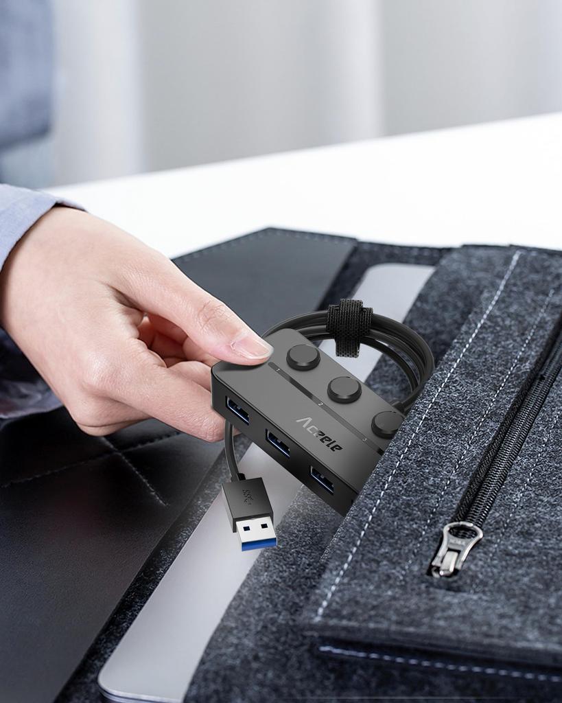 Aceele Hub USB 5 Portów USB USB Ultra Slim Hub Port Zasilania z Niezależnym Włącznikiem Typ Wkładany od Góry Lampka Kontrolna Kabel Przedłużający 5Gbps Ultra