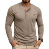 Autumn Winter Mens Henley Long Sleeve T-Shirt Contrast Collar Placket 3 Buttons Chest Pocket Soft Casual Daily Tops