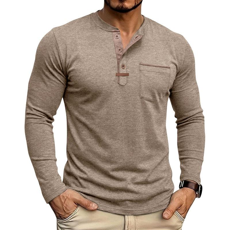 Autumn Winter Mens Henley Long Sleeve T-Shirt Contrast Collar Placket 3 Buttons Chest Pocket Soft Casual Daily Tops