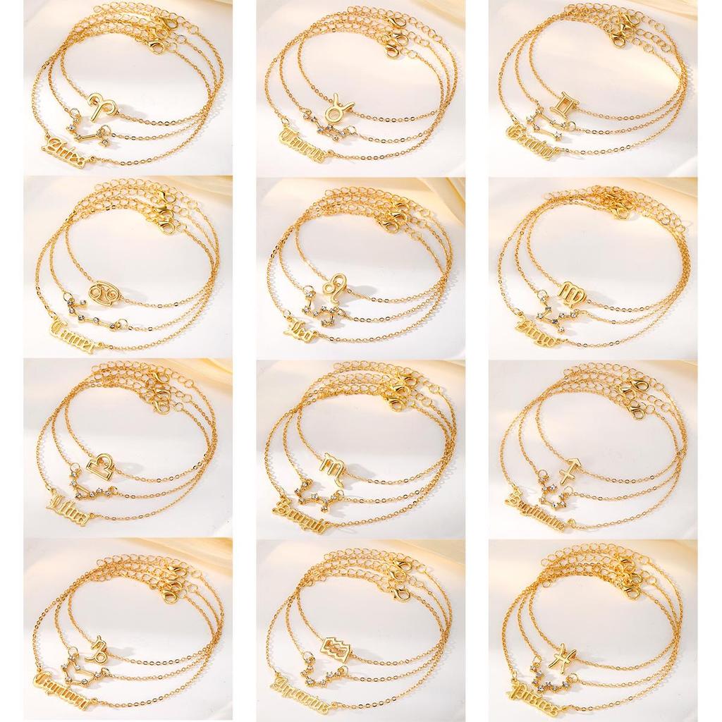 12 Constellation Multilayer Zodiac Anklet Set for Women - Gold Rhinestone High-End Jewelry, 3-Piece