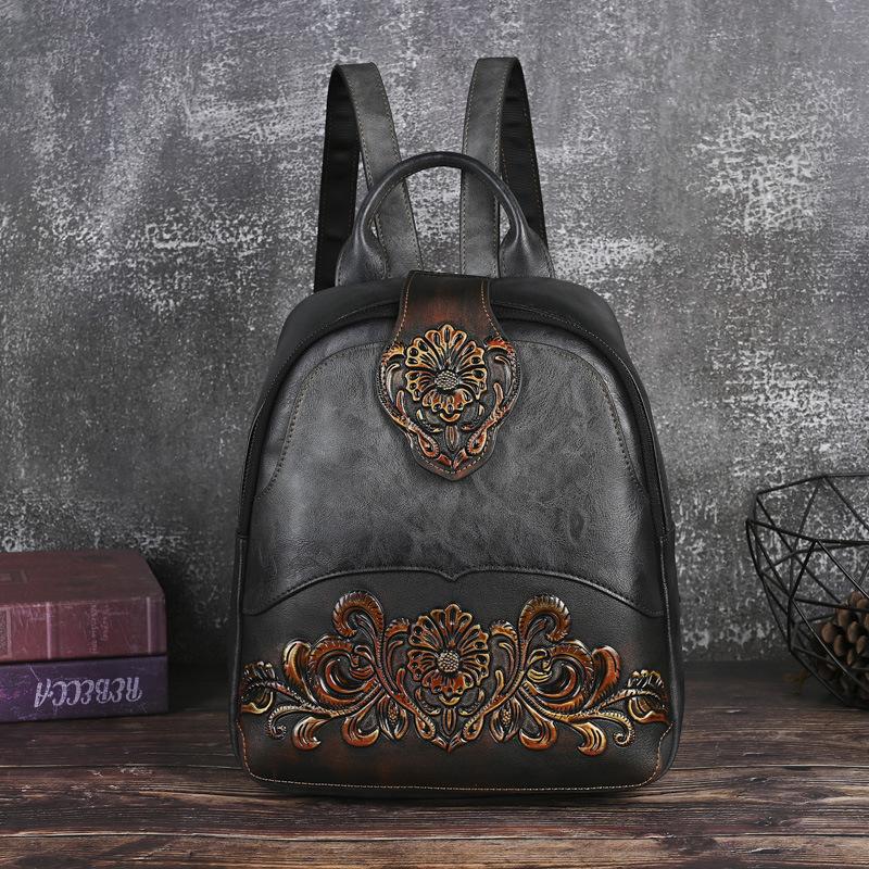 Johnature Embossed Vintage Backpack Versatile Women's Leather Bag Large Capacity Travel Backpacks