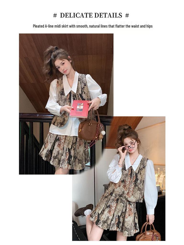 2025 Retro French Sweet Print Vest, Shirt, and Pleated Skirt Set