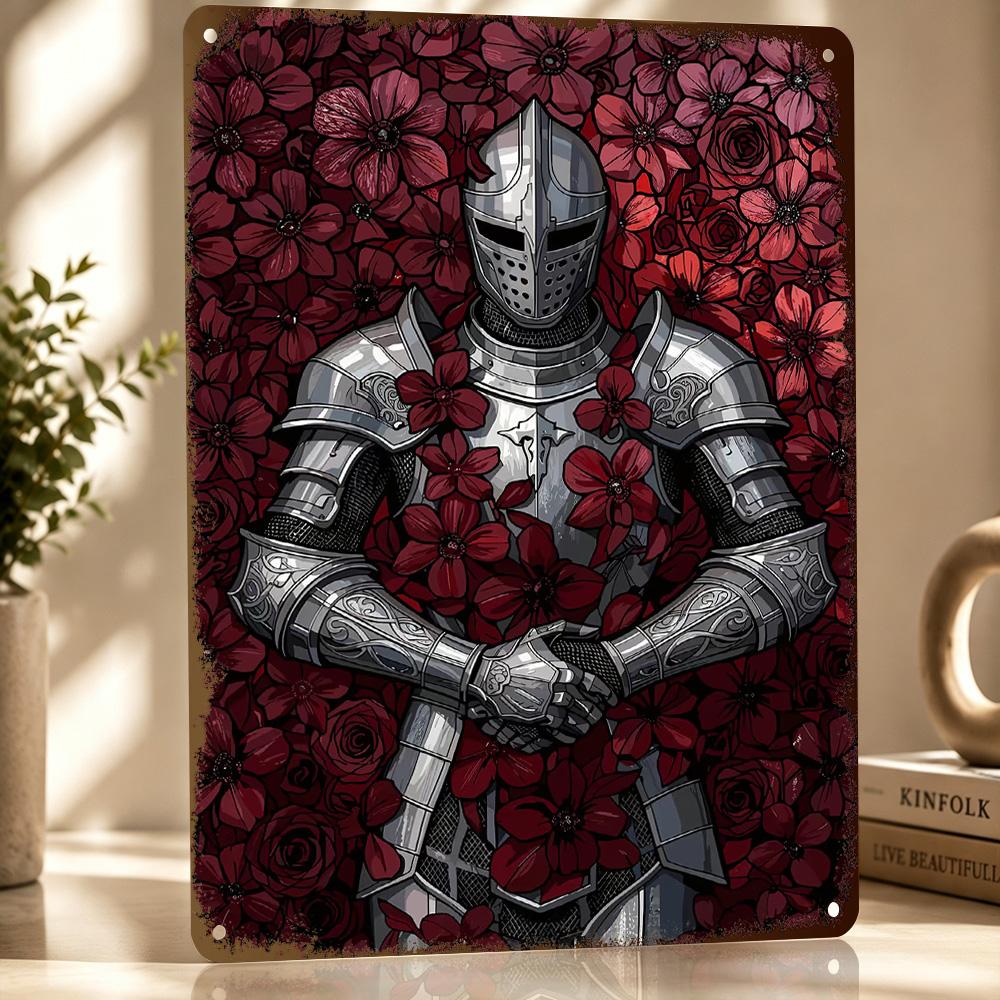 Knight In Armor Surrounded By Flowers Metal Poster Perfect Gift for Fans Lovers Personalized Wall Art Metal Sign for Funny Signs