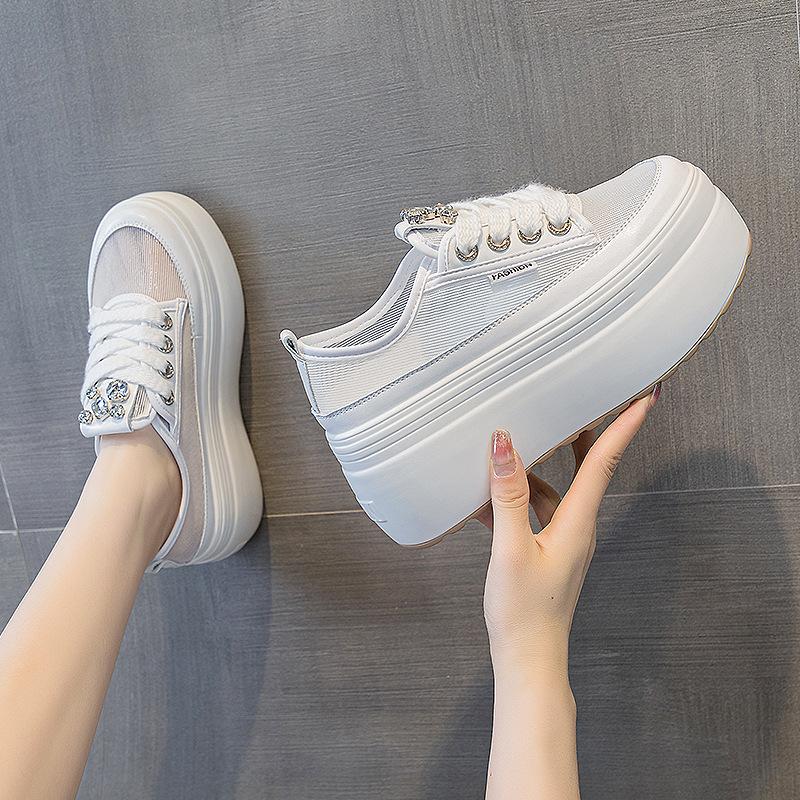 Mesh Shoes Women's Shoes 2025 New Summer Hollow Breathable Mesh Thin Thick Sole Height 8 Cm Rhinestone Fashion