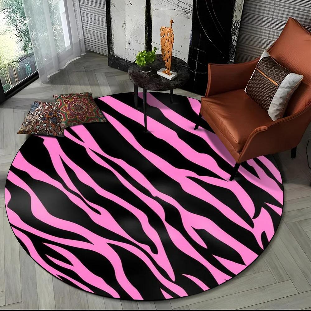 3D Barevný Pruhovaný Vzor Zebra Kulatý Koberec pro Obývací Pokoj, Ložnici, Dětský Herní Koutek Dekor, Protiskluzová Podložka do Zóny pro Domácí Mazlíčky